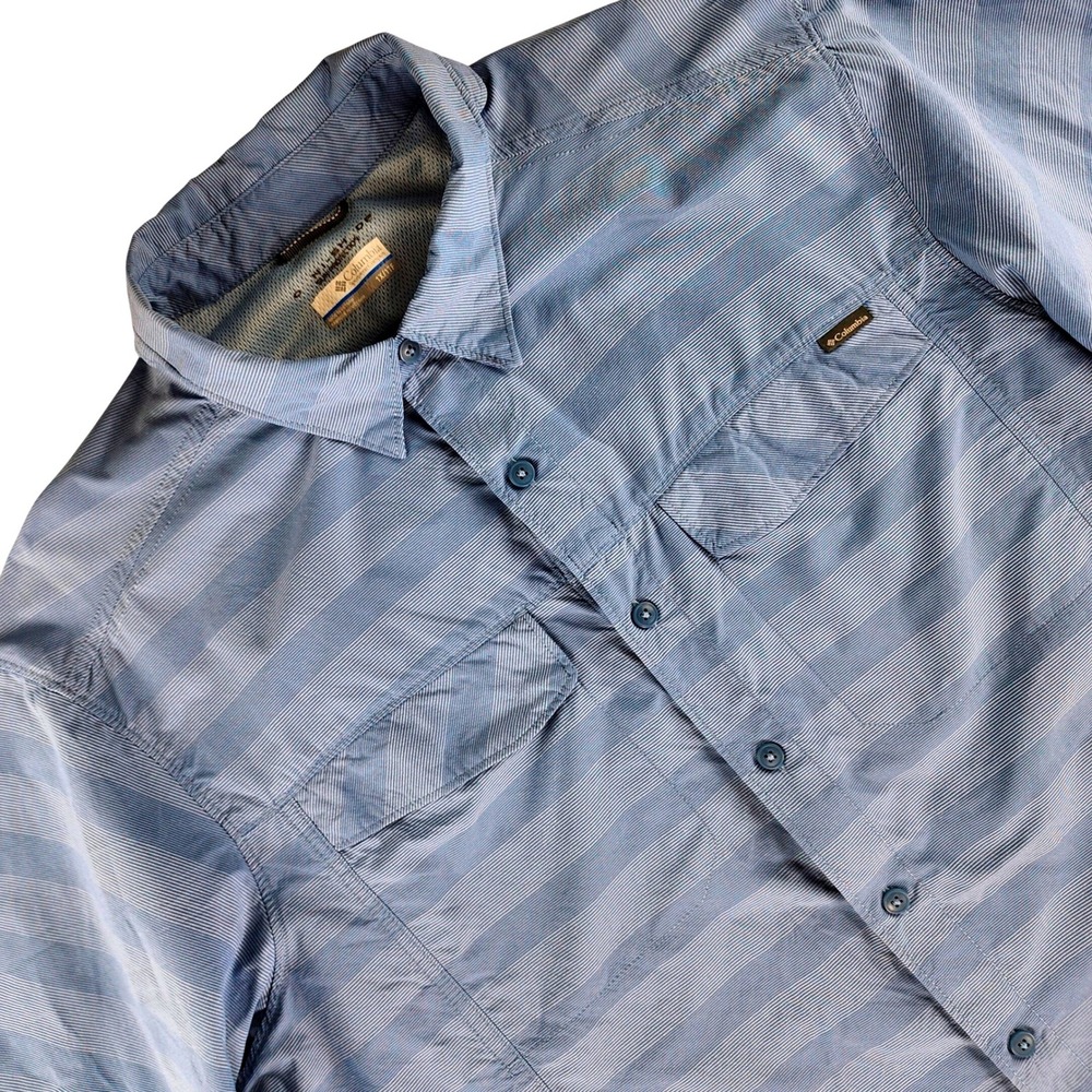 Columbia Shirt Mens 1XL Blue Striped Short Sleeve Outdoor Nylon Blend